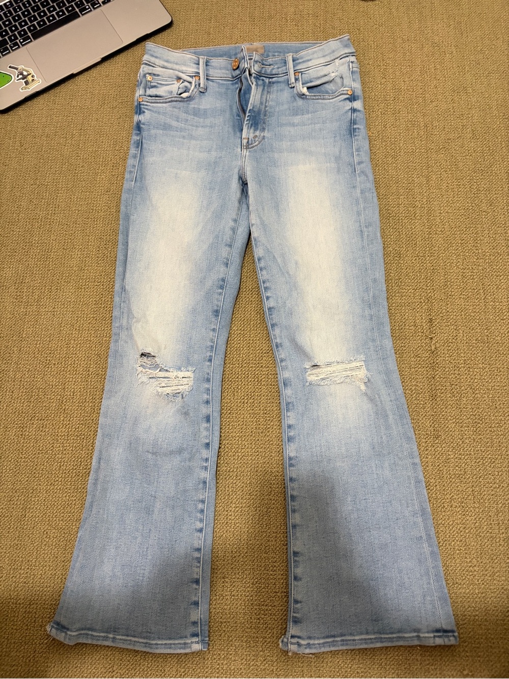 MOTHER Light Blue Distressed cropped Flare Jeans